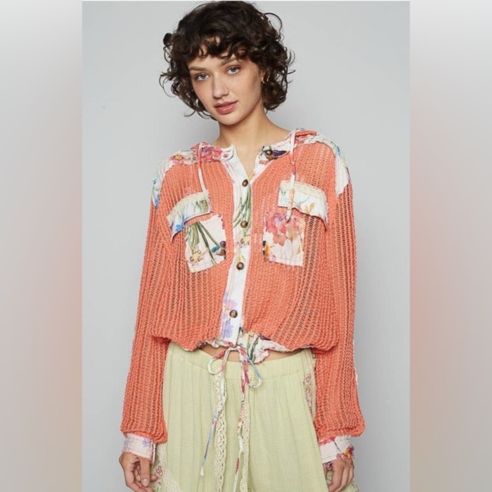 Floral Patch Open Knit Crochet Hoodie Jacket - POL